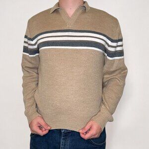 Vintage 70s Jean Michaud Stripe Collared Long Sleeve V-Neck Tan Sweater M